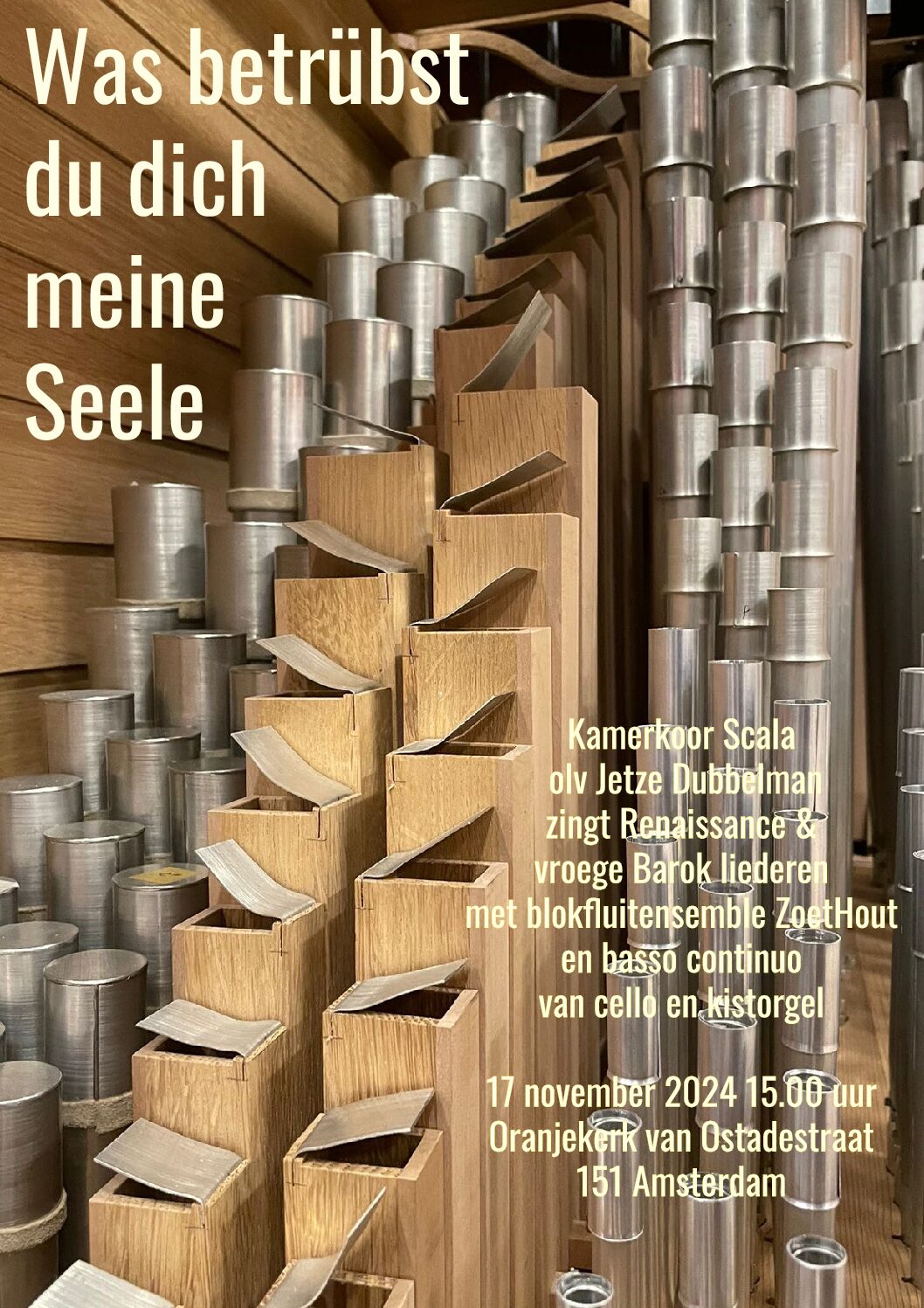 Flyer Was betrübst du dich meine Seele – Scala kamerkoor, 17 november 2024